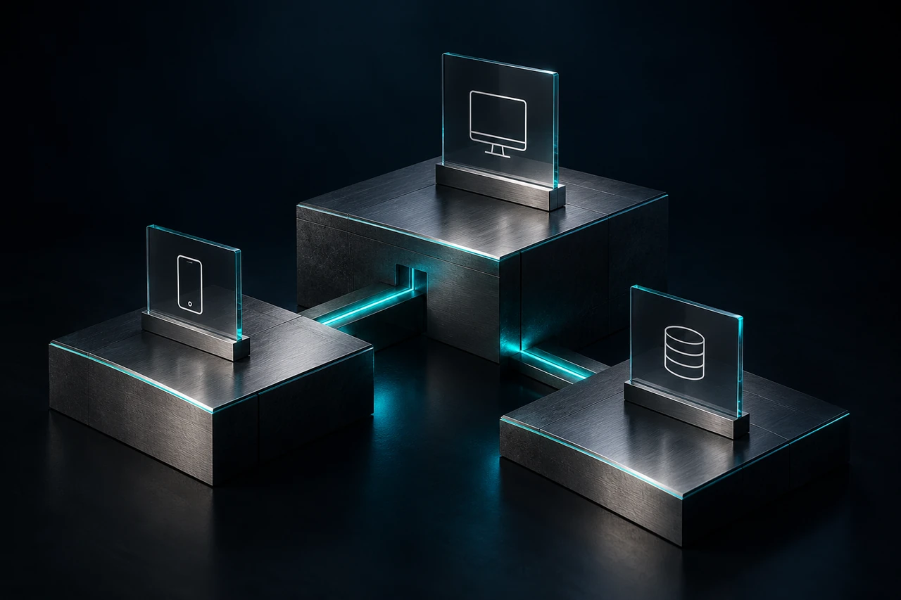 Three connected architectural platforms representing mobile, web and data systems